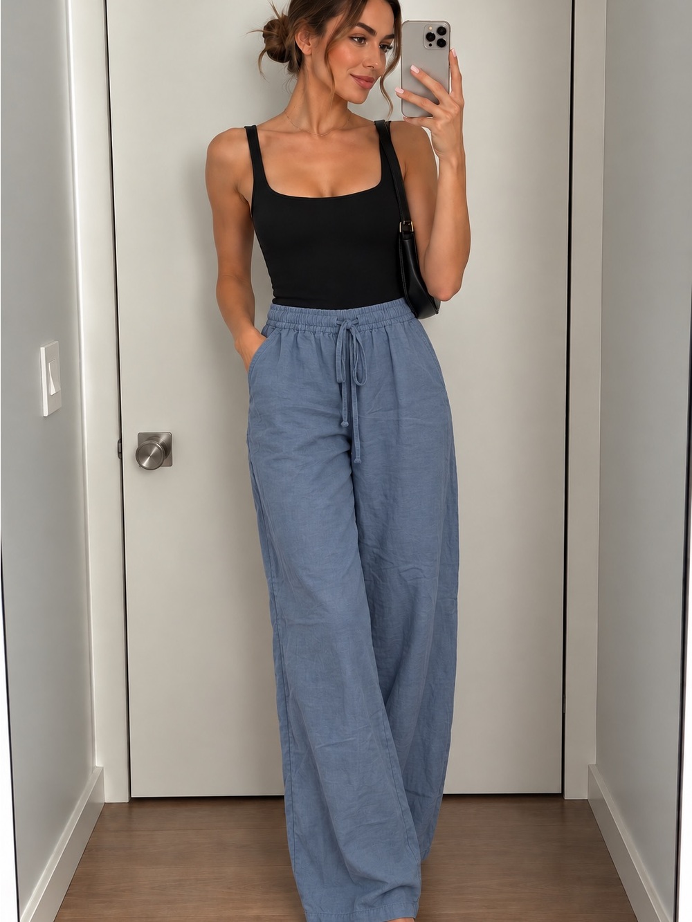 Mango Wide-Leg Drawstring Pants in Dusty Blue
